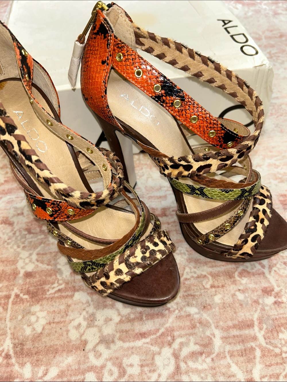 Like New Aldo Multi-Print Strappy High Heel Sandals in Orange, Green & Leopard